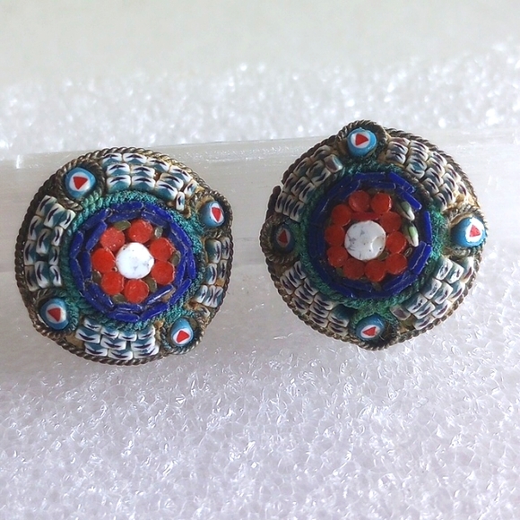 MICRO MOSAIC ITALY CLIP EARRINGS 7/8 " DIA. - Picture 2 of 5